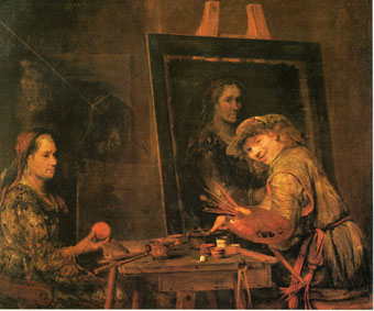 Zeuxis die een oude vrouw met een appel schildert