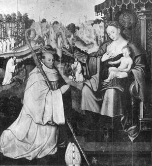 Sint Bernardus van Clairvaux geknield voor Madonna met Kind