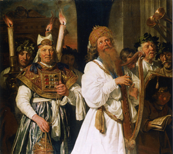 David loopt harpspelend voor de ark des verbonds