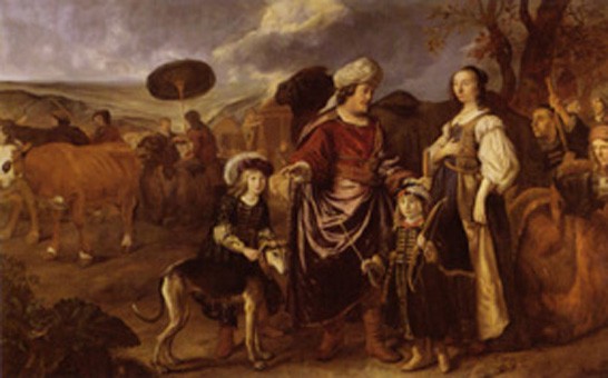 Isaak en Rebecca met Jacob en Esau