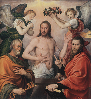 Verrezen Christus tussen Apostel Petrus en Paulus