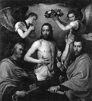 Verrezen Christus tussen Apostel Petrus en Paulus