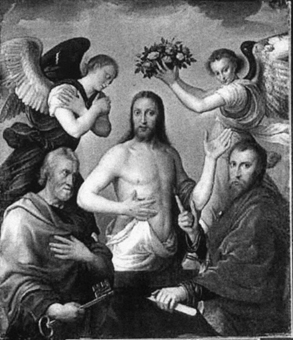 Verrezen Christus tussen Apostel Petrus en Paulus